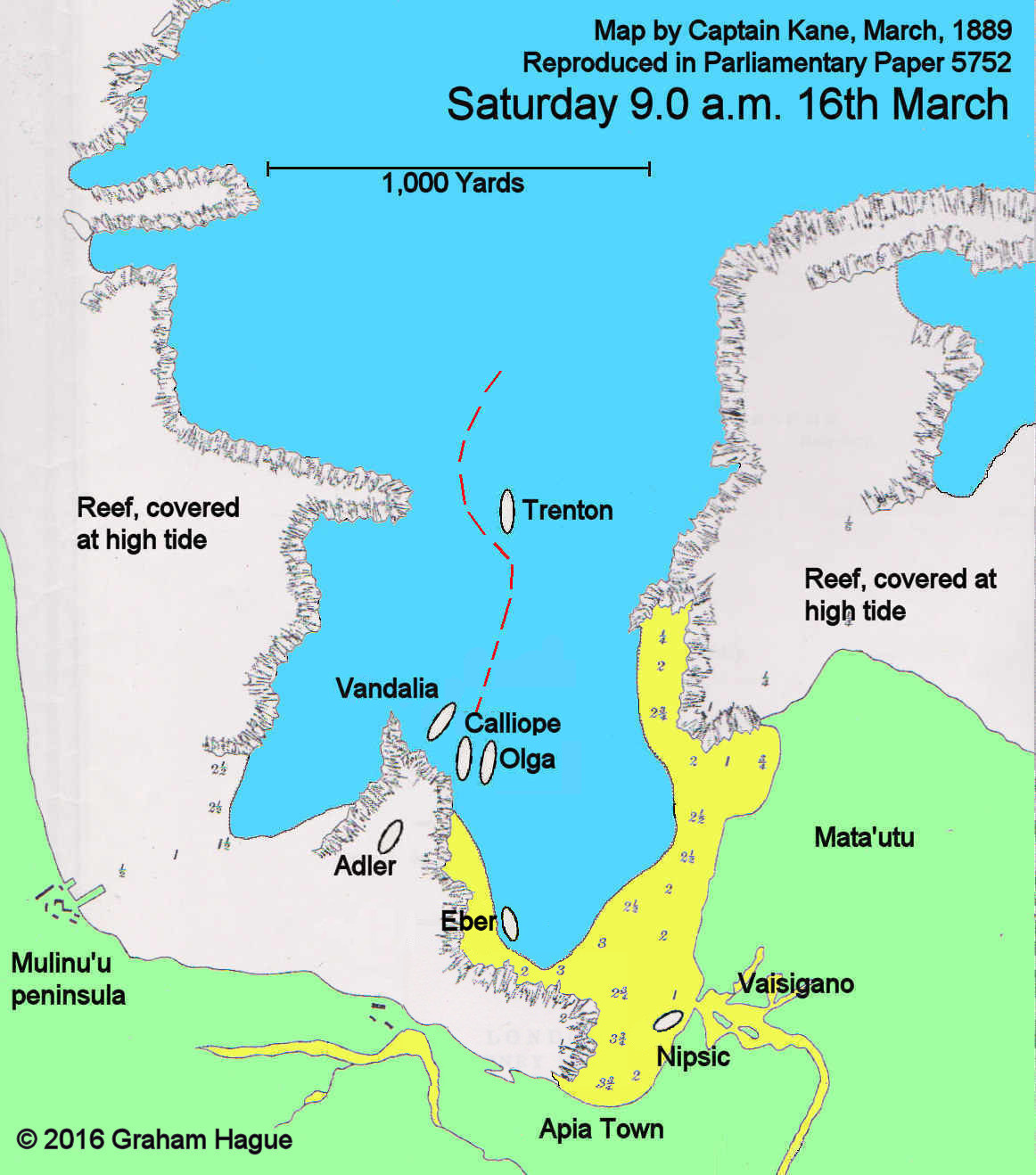 The positions of the ships including HMS Calliope in Apia Bay, Samoa, when Kane decided to try and leave the bay during the morning of the Hurricane, 9.0 a.m. 16th March, 1889. Click for a larger image showing Calliope's probable track.