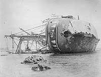 SMS Adler, propeller and rudder ripped off when she hit the reef during the Samoa Hurricane, her back broken